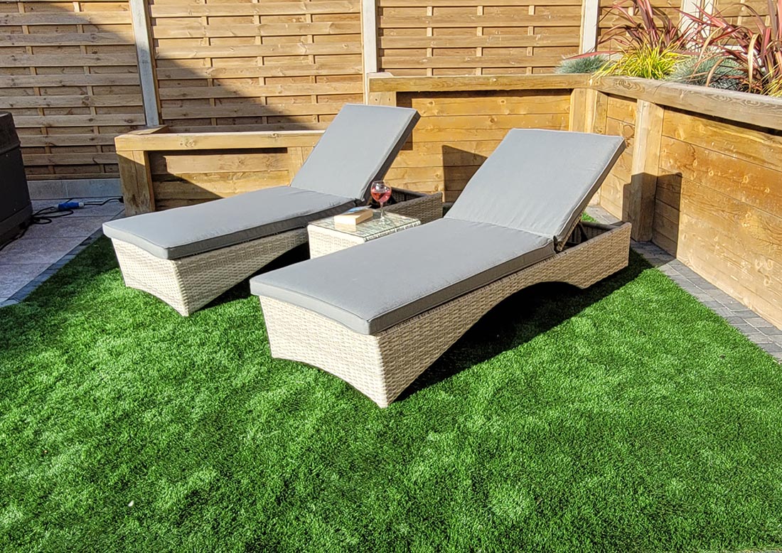 RATTAN SUN LOUNGERS WITH DRINKS TABLE - GREY - MEGHAN RANGE