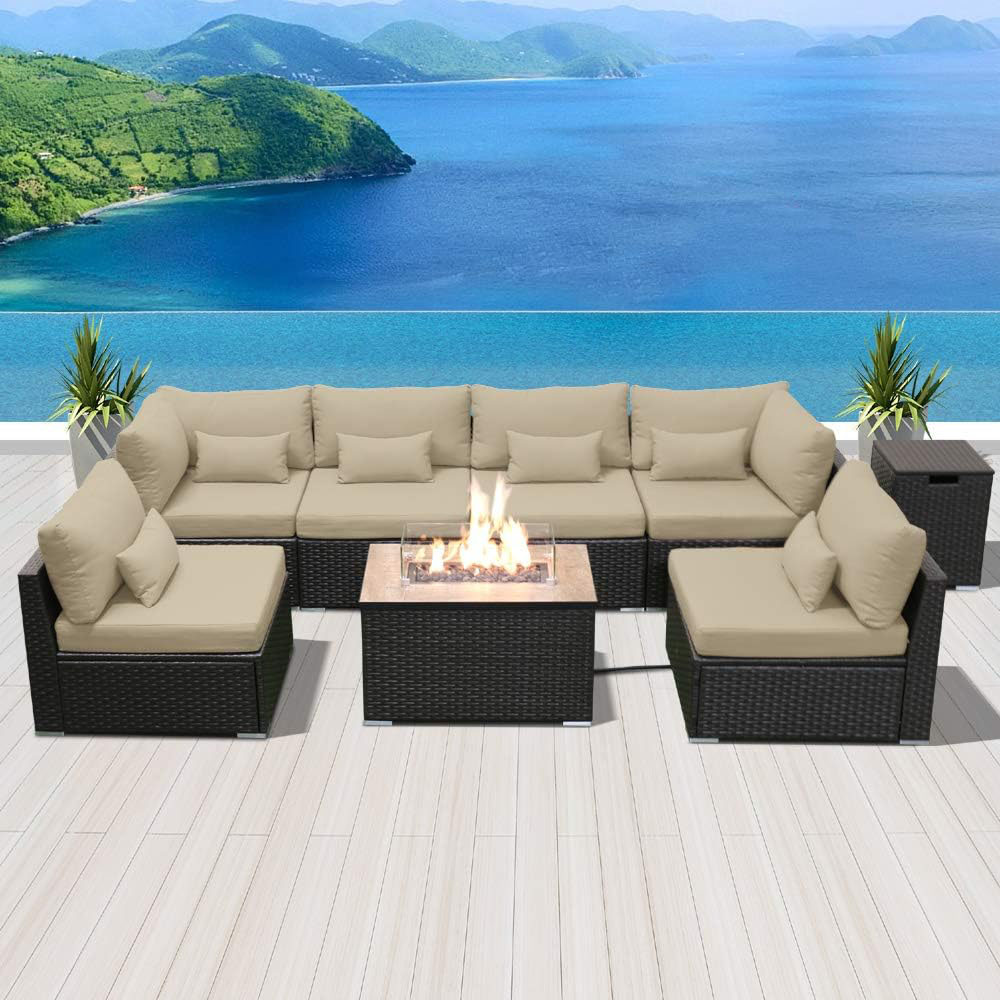 Dineli Sectional Sofa with Gas/Propane Fire Pit Table Outdoor Patio Furniture Sets