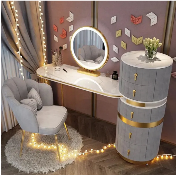 【Furniture】【BS】Dressing Table Set with Round Mirror 2 Large Drawers with Round Sliding Rails Padded Stool