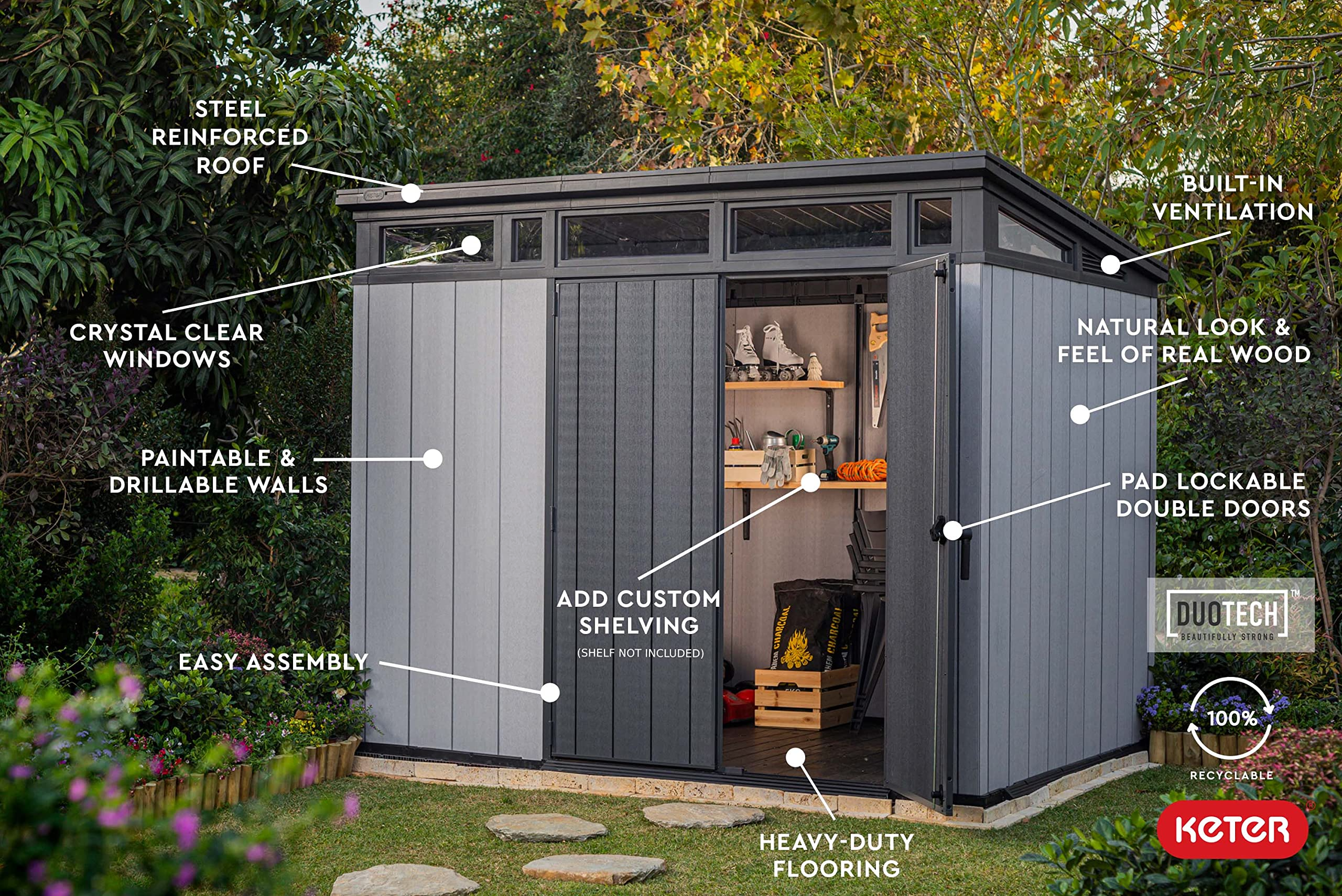 9x7 Foot Large Outdoor Shed with Floor with Modern Design for Patio Furniture, Tools