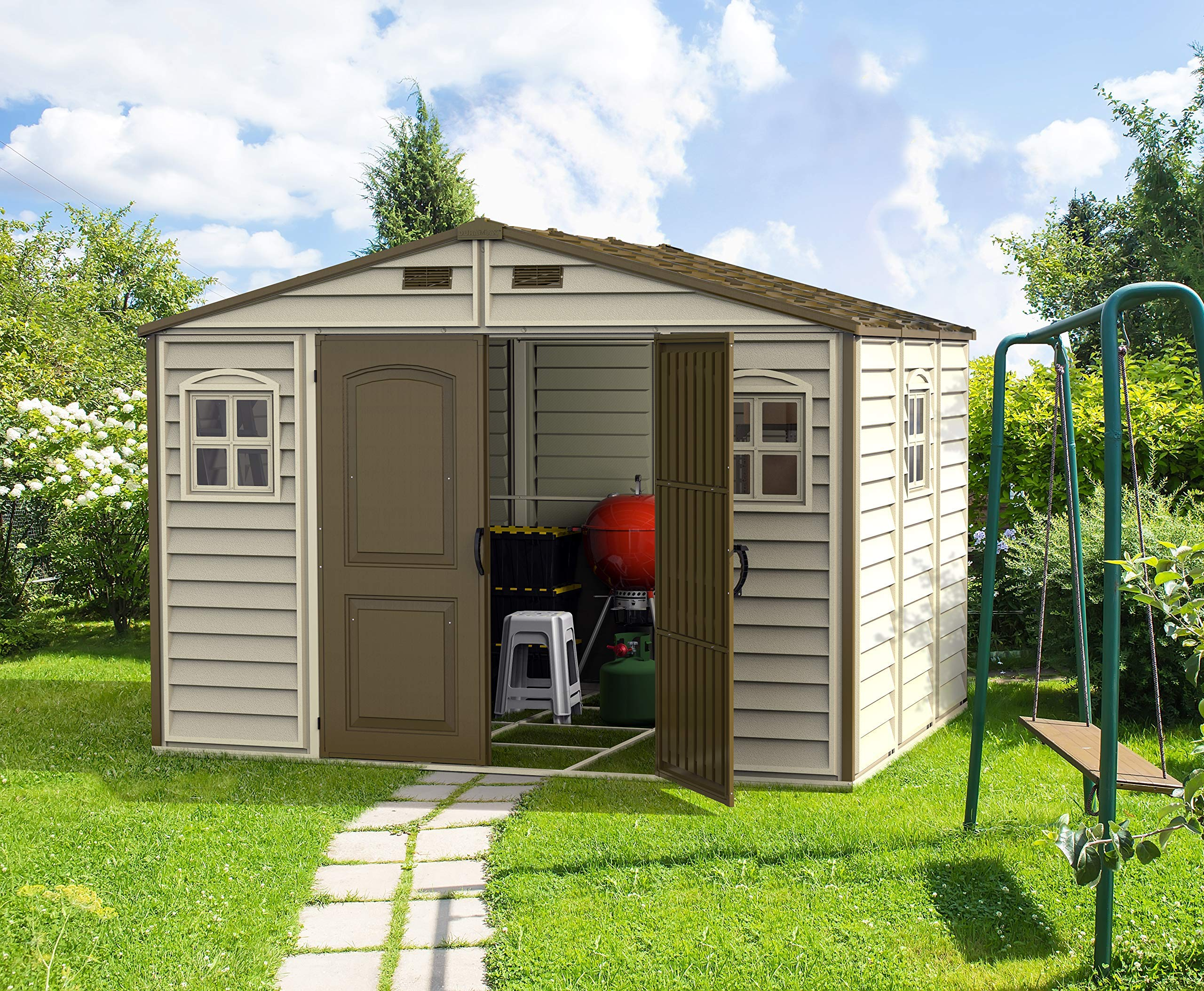 【Storage Shed】10x8 Feet V2 Wood Side Vinyl Shed - Ivory/Brown