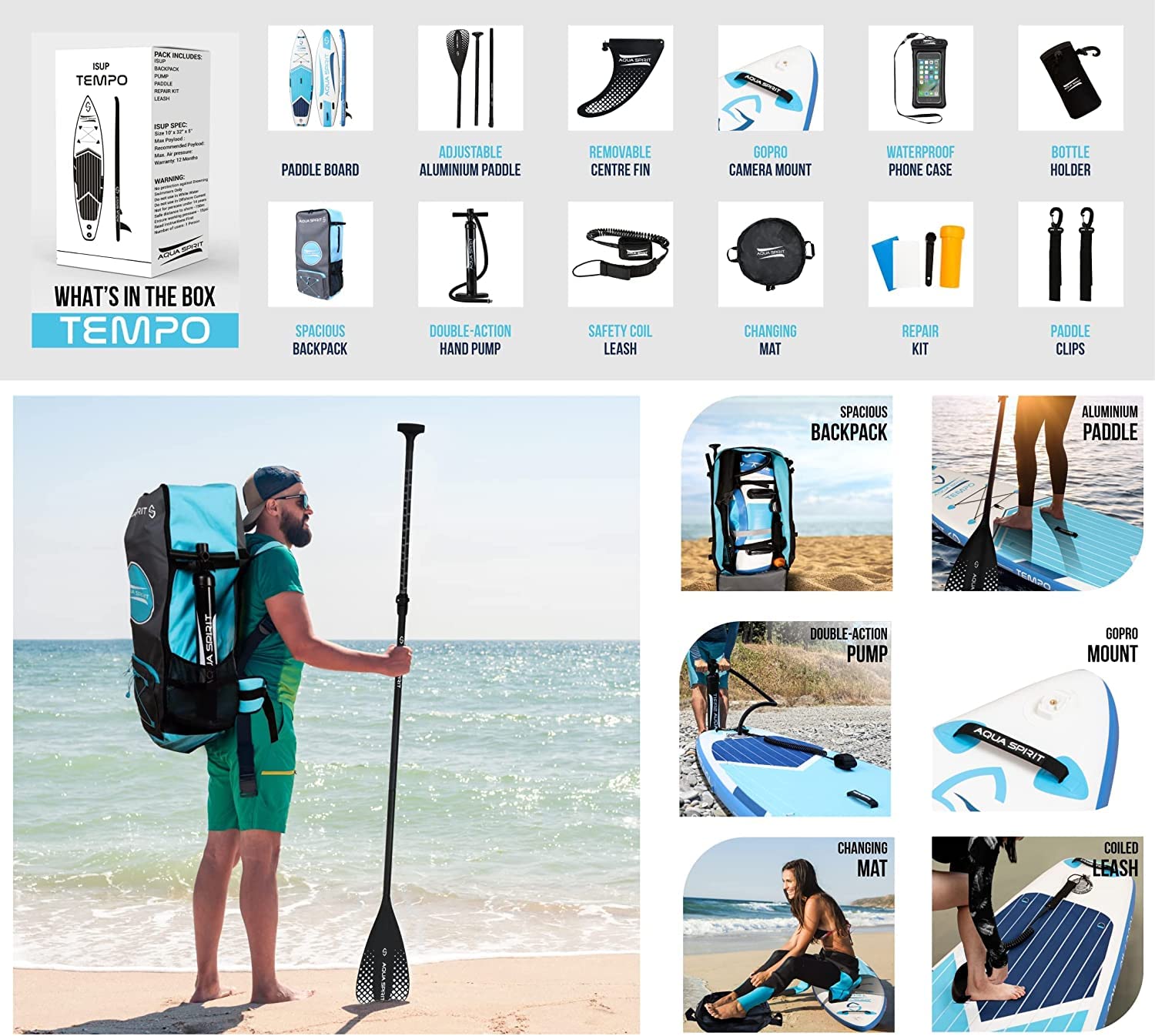 AQUA SPIRIT Inflatable Stand up Paddle Board SUP TEMPO Package | 10’6 x 32” x 6” | Adult Beginners/Experts | 120KG Limit | Paddle, Backpack, Pump, Go Pro Mount, Change Mat, Phone Case