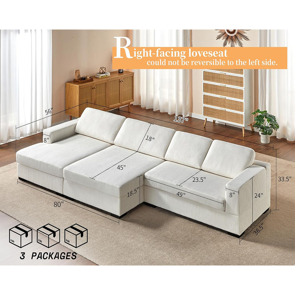 AMERLIFE Oversized Sectional Sofa, Large Double Chaise Couch, Comfy Sofa Couch with Left Chaise, White Corduroy Sofa