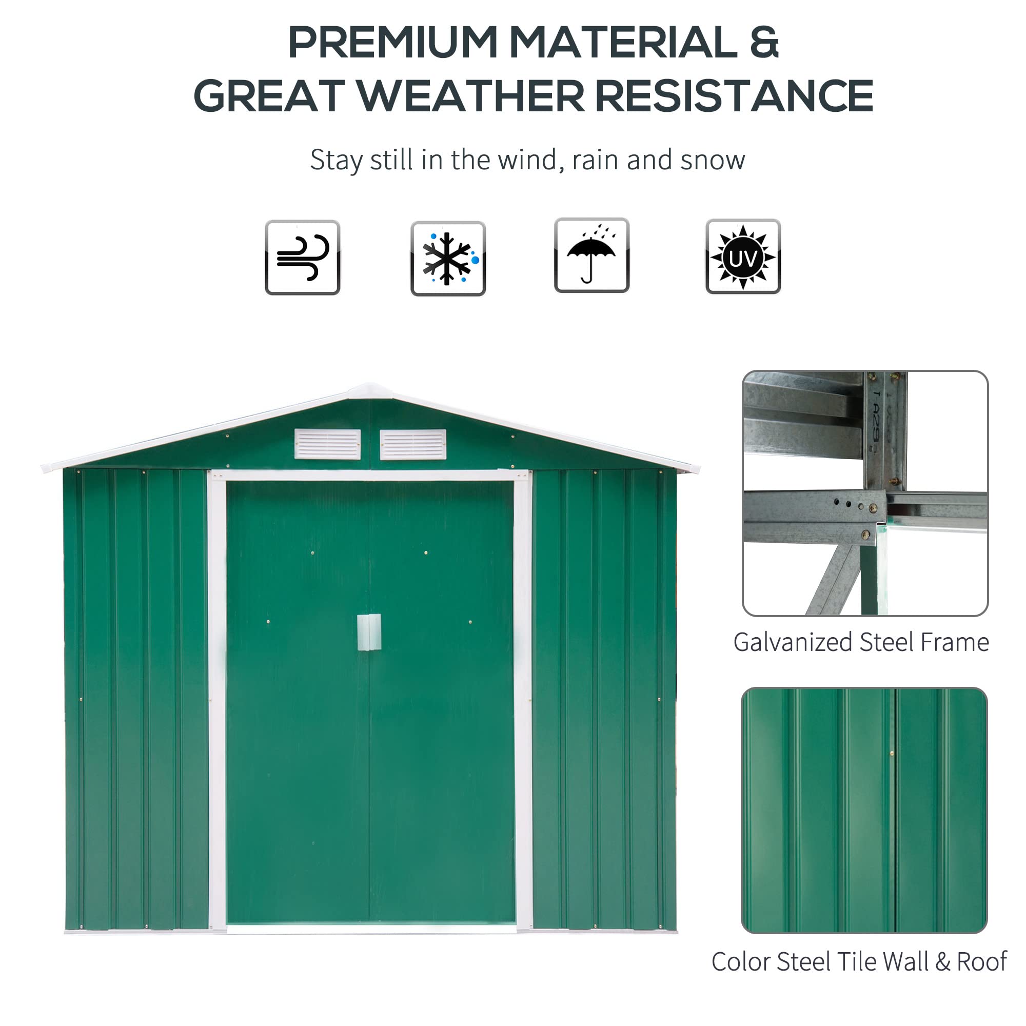 【Storage Shed】7' x 4' x 6' Garden storage shed metal tool shed with floor base and double doors