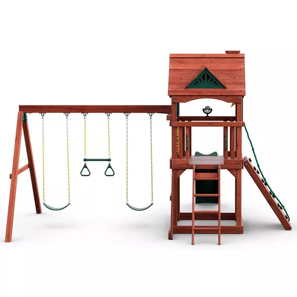 WOODEN SWING SET WITH WOODEN ROOF, TWO SWINGS, SLIDING