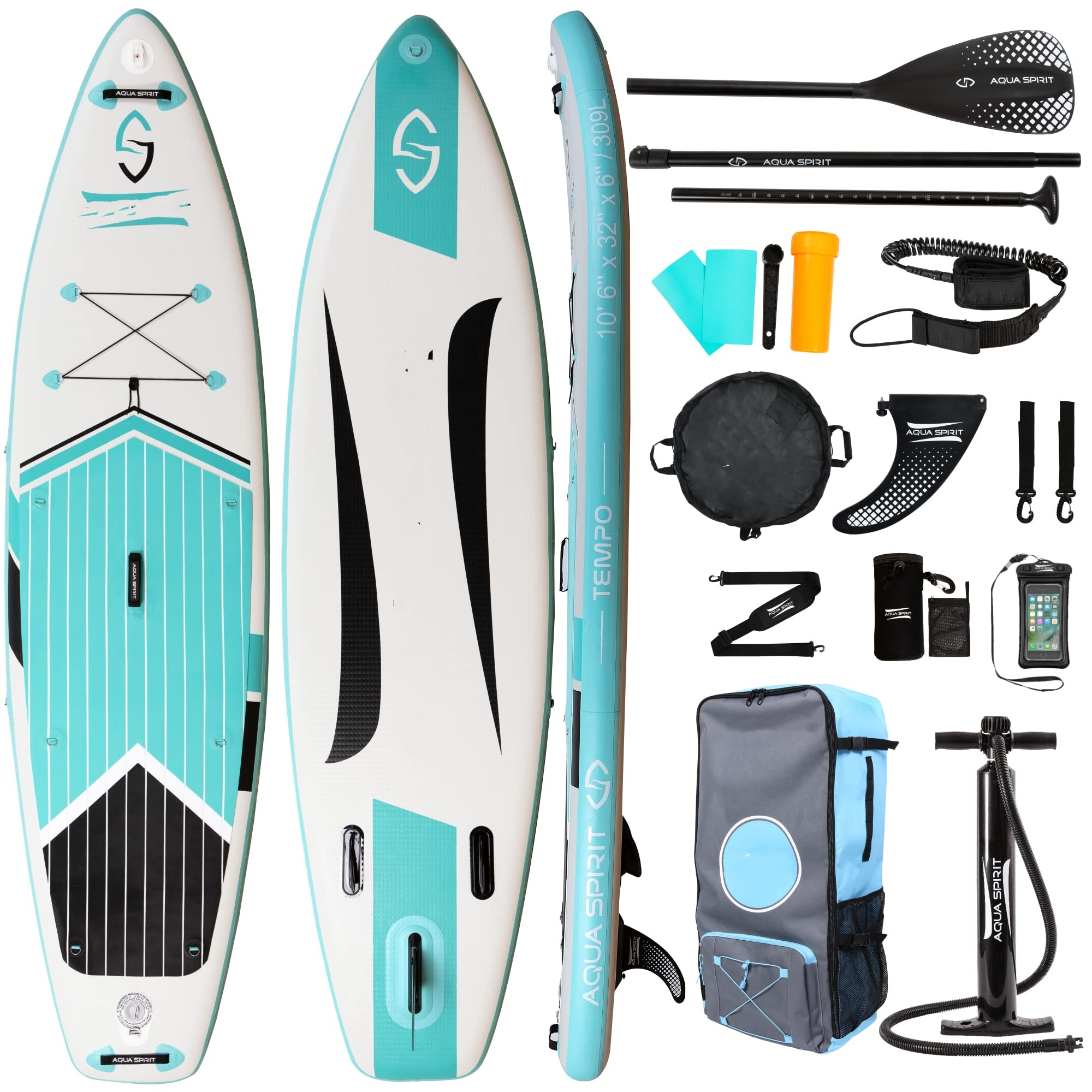 AQUA SPIRIT Inflatable Stand up Paddle Board SUP TEMPO Package | 10’6 x 32” x 6” | Adult Beginners/Experts | 120KG Limit | Paddle, Backpack, Pump, Go Pro Mount, Change Mat, Phone Case